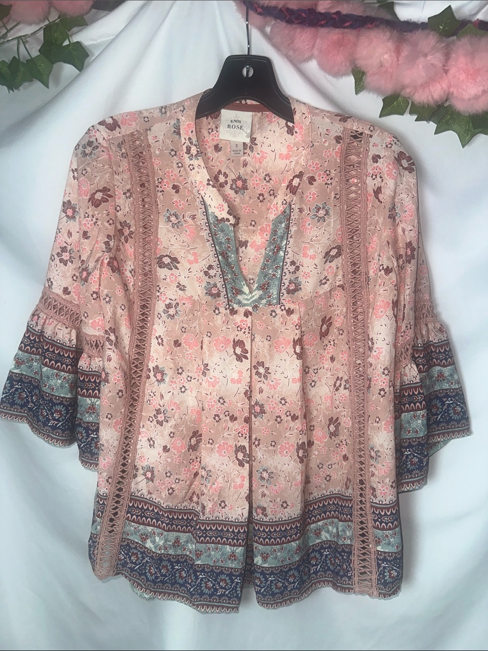 Knox Rose Pink Floral Boho Tunic with Teal Trim